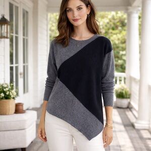 Peck & Peck Cashmere Colorblock Asymmetric Sweater Black Gray Size Medium